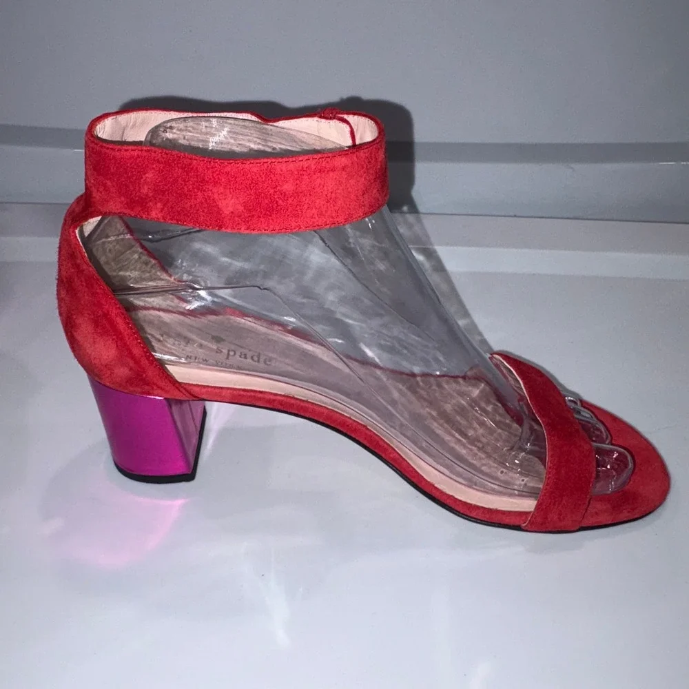 Suede Block Heel Ankle Strap Sandals Womens 6.5 Red Kate Spade